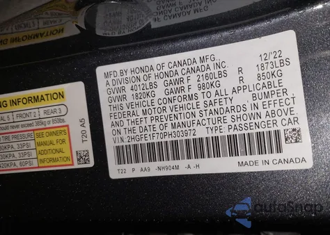 2023 Honda Civic Ex /Ex W/O Bsi from USA, damaged, VIN 2HGFE1F70PH303972